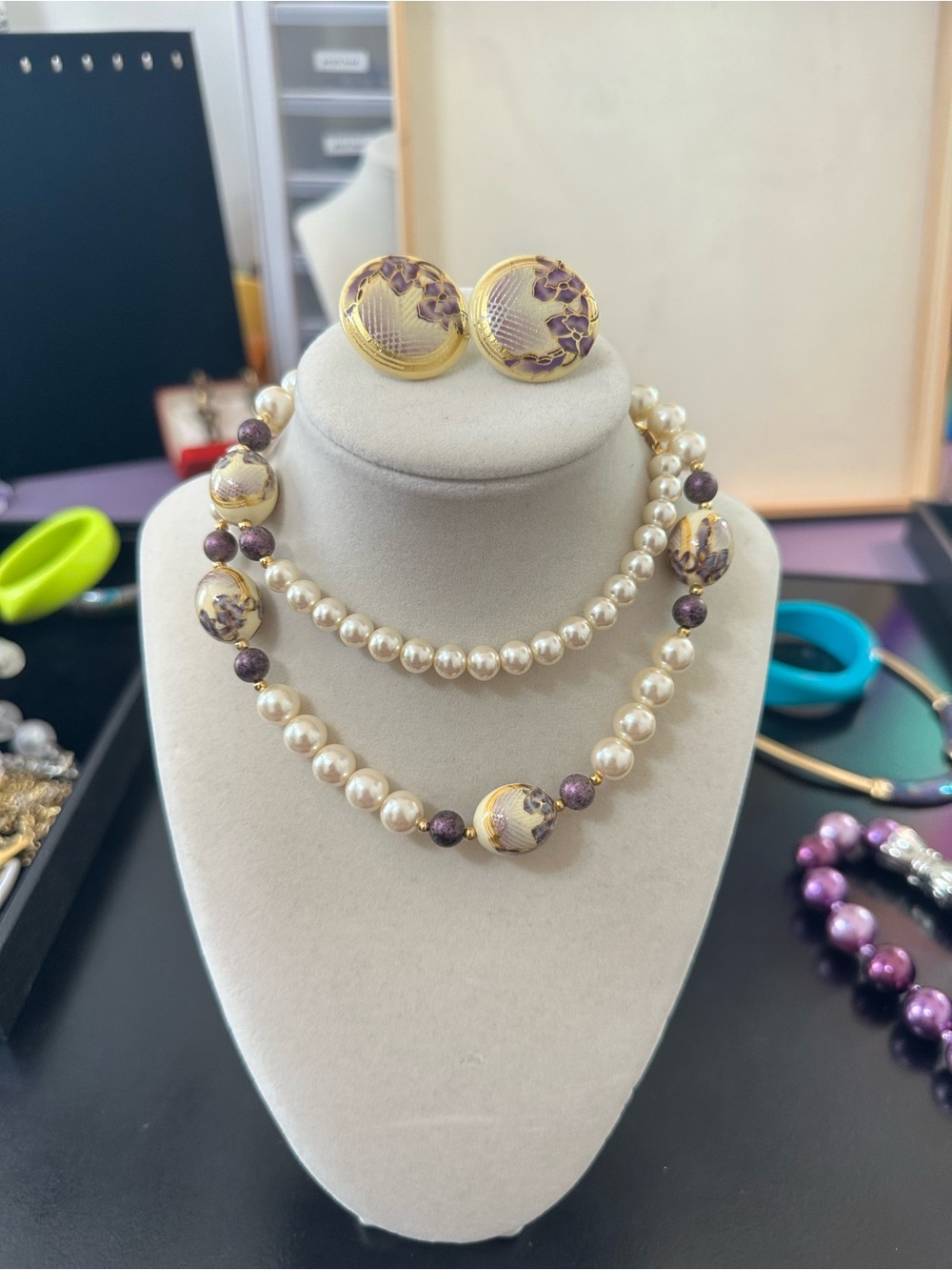 Japan- Elegant Pearl and Purple Bead Necklace Set with post Earrings